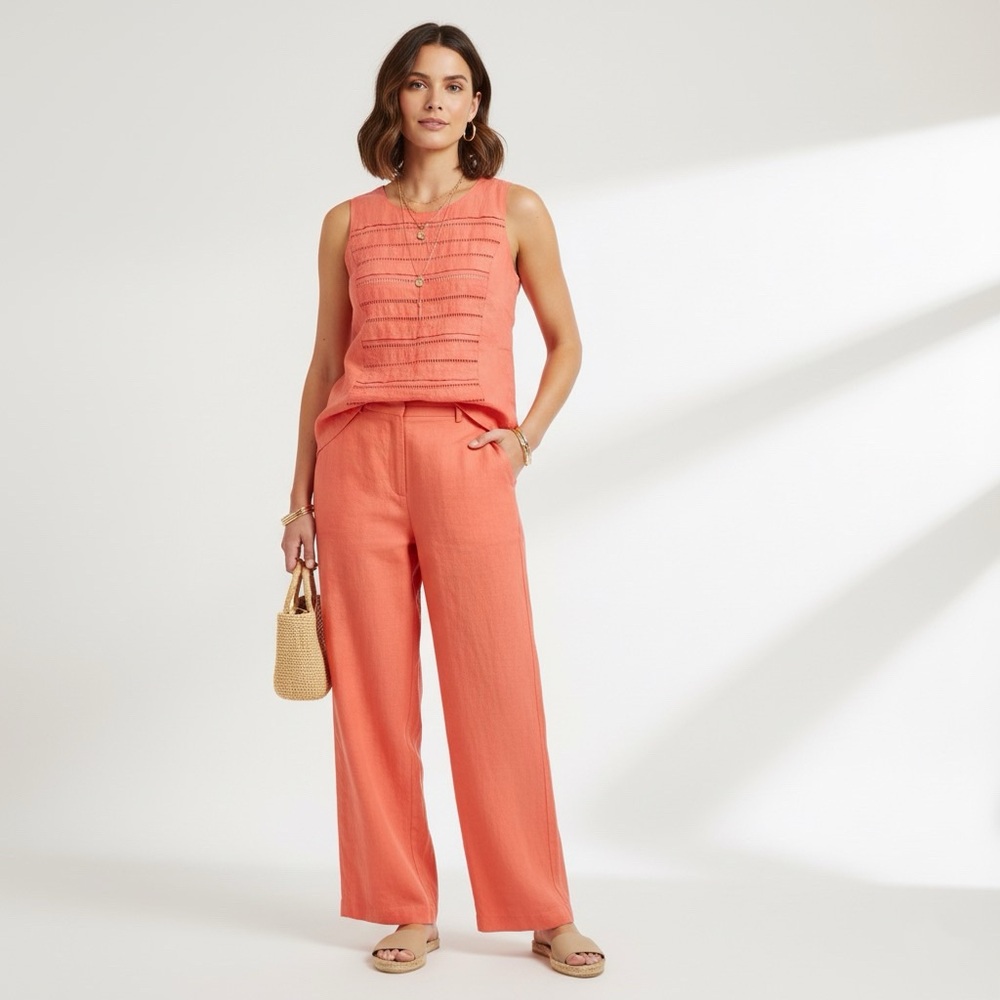 NWT Y2K 100% Linen Matching Set - Coral Wide-Leg Pants & Ladder-Stitch Top 14